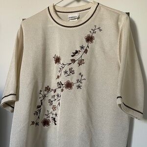 Vintage BonWorth Embroidered Grandma Core Knit Top | Birds & Florals | L Petite